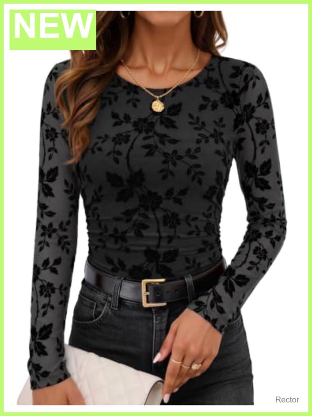 Womens Long Sleeve Floral Mesh Blouse Ruched Waist Dressy Casual Top